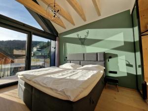派克波特斯耐兹库Panorama Lofts Pec的一间卧室设有一张大床和一个大窗户