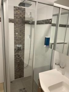 林茨Exzellentes Apartment mit toller Aussicht!的带淋浴和盥洗盆的浴室