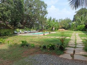 果阿旧城Luxury 6 BHK Villa with Private Swimming Pool的花园设有游泳池,并拥有一些椅子和树木