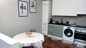 都灵SKY LOFT Nuovissimo vicinanze Metro的厨房配有桌子和洗衣机。