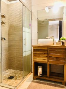 勒迪亚芒Villa TrÔpik Diamond + Bungalow的带淋浴和盥洗盆的浴室