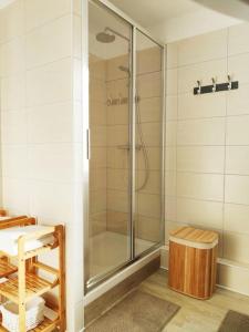 马翁普拉日堡Superbe apt cosy à 500m de la plage pour 4 pers的浴室里设有玻璃门淋浴