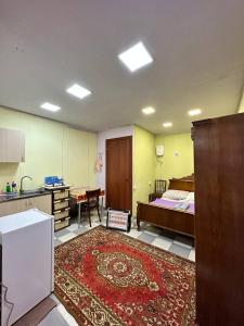 埃里温Vahe’s family guests house的一间设有床铺的房间和一间带地毯的厨房