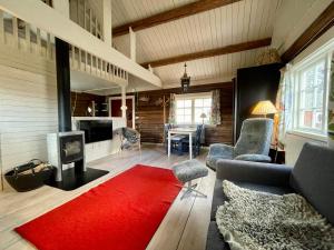 法尔雪平Backgårdens Timmerstuga的带沙发和红色地毯的客厅