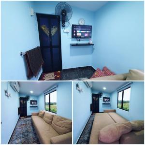莎阿南Cabin stay with Sunrise and plane spotting view的客厅拥有蓝色的墙壁和沙发