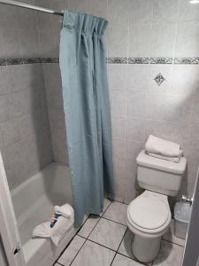 北山Budget Inn的浴室设有卫生间和带浴帘的淋浴。