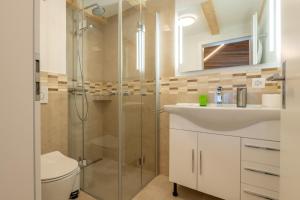 萨斯阿尔马格尔Apartments Alpenrose的带淋浴、卫生间和盥洗盆的浴室