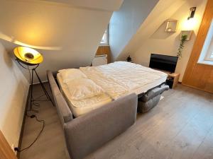 蓬塔利耶Le Coeur de Pontarlier的一间小卧室,配有床和灯