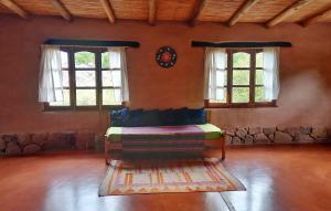蒂尔卡拉MAMAICUNA CABAÑA的带2扇窗户和地毯的床的客房