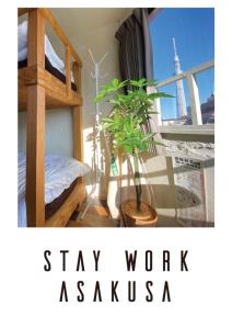 东京STAY WORK ASAKUSA guest house 浅草店的一间卧室配有一张双层床和盆栽植物