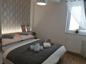 耶莱尼亚古拉Apartament Zielone Wzgórze 2的一间卧室配有一张床,上面有两条毛巾
