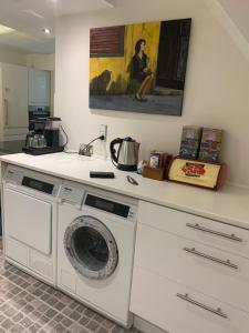 奥尔堡Skovbakkegaardens Bed & Bath的厨房配有洗衣机和绘画作品