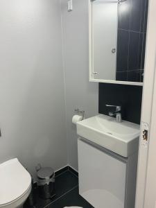 奥尔堡Skovbakkegaardens Bed & Bath的白色的浴室设有水槽和卫生间。