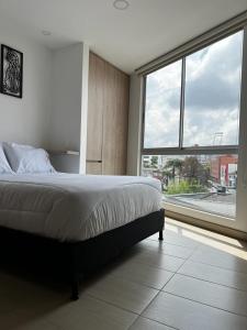 马尼萨莱斯Apartamento de lujo Manizales的一间卧室设有一张床和一个大窗户