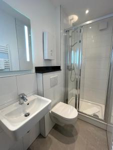 勒沃库森阿尔卡德酒店的一间带水槽、淋浴和卫生间的浴室