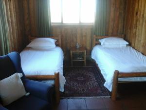 BonjaneniGreenfire Drakensberg Lodge的一间卧室设有两张床、一张沙发和一个窗口