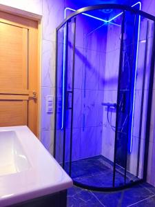 马多纳Saules Rats Apartamenti的浴室设有蓝色灯光淋浴。