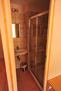 艾吉耶雅克艾文莉酒店的带淋浴和盥洗盆的浴室