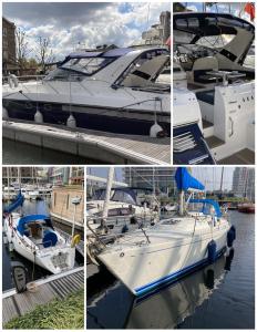 伦敦Entire Boat at St Katherine Docks 2 Available select using room options的停靠码头的船只照片的拼凑