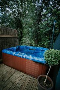 巴茅思River Side Cabin with Hot tub Snowdonia的露天平台上的热水浴池,植物