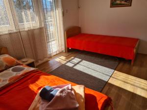 索科矿泉村Bisa的一间卧室配有两张床和红色毯子