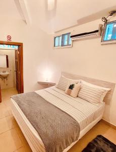 博卡斯德尔托罗Pineapple House的一间卧室设有一张大床和一个窗户。