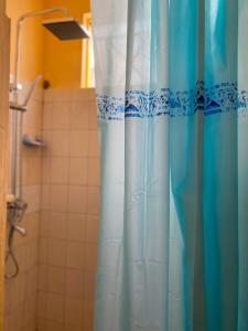 马埃堡Chez Ti Casa的浴室设有白色和蓝色的淋浴帘。