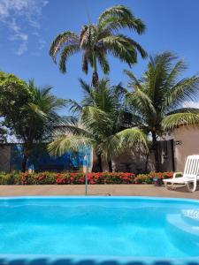 阿拉卡茹Pousada Bem-te-vi的一座种植了棕榈树的蓝色游泳池