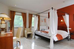 马塞克卡斯蒂尔乌尔费德酒店的一间卧室配有一张天蓬床和一张书桌
