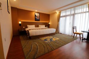 廷布Thimphu Deluxe Hotel的酒店客房设有一张床和一个大窗户
