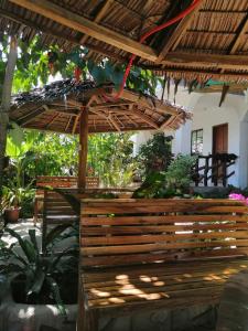 圣维森特Dhadas place的庭院设有木凳和遮阳伞。