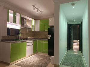 开罗Sheraton ocean 203 - Private apartments的厨房配有绿色橱柜和黑色冰箱