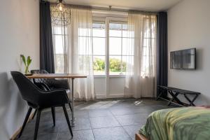 登霍伦Johanneshoeve - de mooiste plek op Texel的一间卧室配有桌椅和窗户。