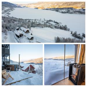 FavangStamp and sauna! Small farm with fantastic view!的三幅照片的拼贴画,有雪,有电视