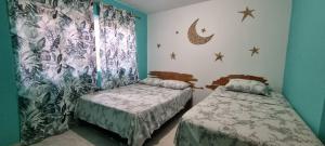 圣安德烈斯Casa Hostel San Andres的一间卧室设有两张单人床和一个窗户。
