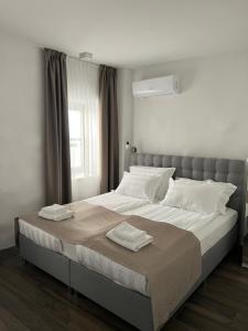 普利莫顿Luxury apartments Azalea Primošten的一间卧室配有一张大床和两条毛巾