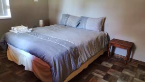 纽卡斯尔Jooste Road Self-Catering的一间卧室配有一张带蓝色床单的床和一张桌子。