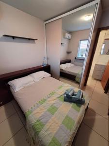 沙佩科Apartamento centro Efapi ideal para trabalho ou estudo的一间卧室配有一张大床和镜子