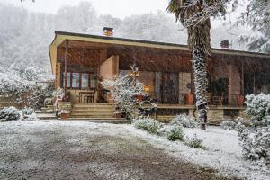 蒙特普齐亚诺波利赞那圣贝别墅的雪地里的小木屋,有树