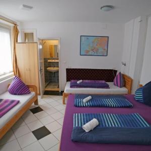 福纽德福纽德巴拉顿湖旅馆的一间设有三张床和紫色床单的客房