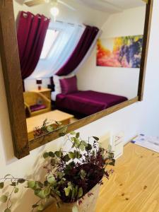 米库洛夫Hotel Marcincak***的镜子反射着带紫色沙发的客厅