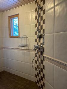 HollolaVilla Joutsen的一间带淋浴的浴室和瓷砖墙