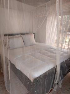 金贾BN Private Beach的卧室内的一张带蚊帐的床