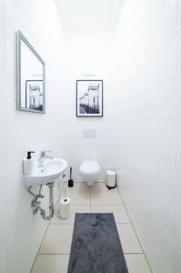 维也纳Beautiful apartment in Vienna's heart 1b的白色的浴室设有水槽和卫生间。