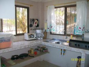 克鲁奇塔Hostal Cabañas Vistamar的带水槽的厨房和2扇窗户