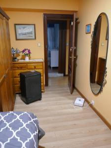 阿维莱斯Habitaciones en Aviles的一间卧室配有床、镜子和梳妆台