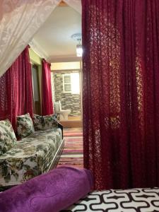 拉巴特House Naïma的客厅配有红色窗帘和沙发