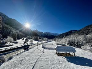 拉费里耶尔Hôtel Restaurant Le Madame的天空中白雪覆盖的山