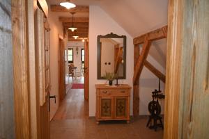 莫济列SLOVENIAN HOUSE GOSTECE-Vintage Apartma的走廊上设有镜子和木制梳妆台