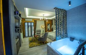 普里什蒂纳Hotel and Apartments Central City Prishtina的带浴缸的浴室和1间带1张床的卧室